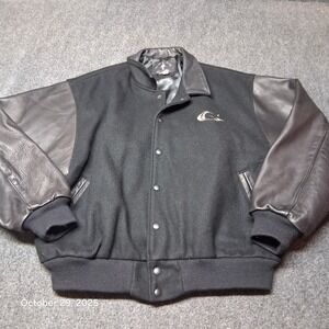 Golds Gym Wool and Leather Embroidered Bomber‎ Jacket SZ Large Black Satin Lined